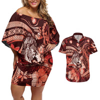 Personalised Maori Romantic Valentine Couples Matching Off Shoulder Short Dress and Hawaiian Shirt The Hongi Kiss Red Galaxy