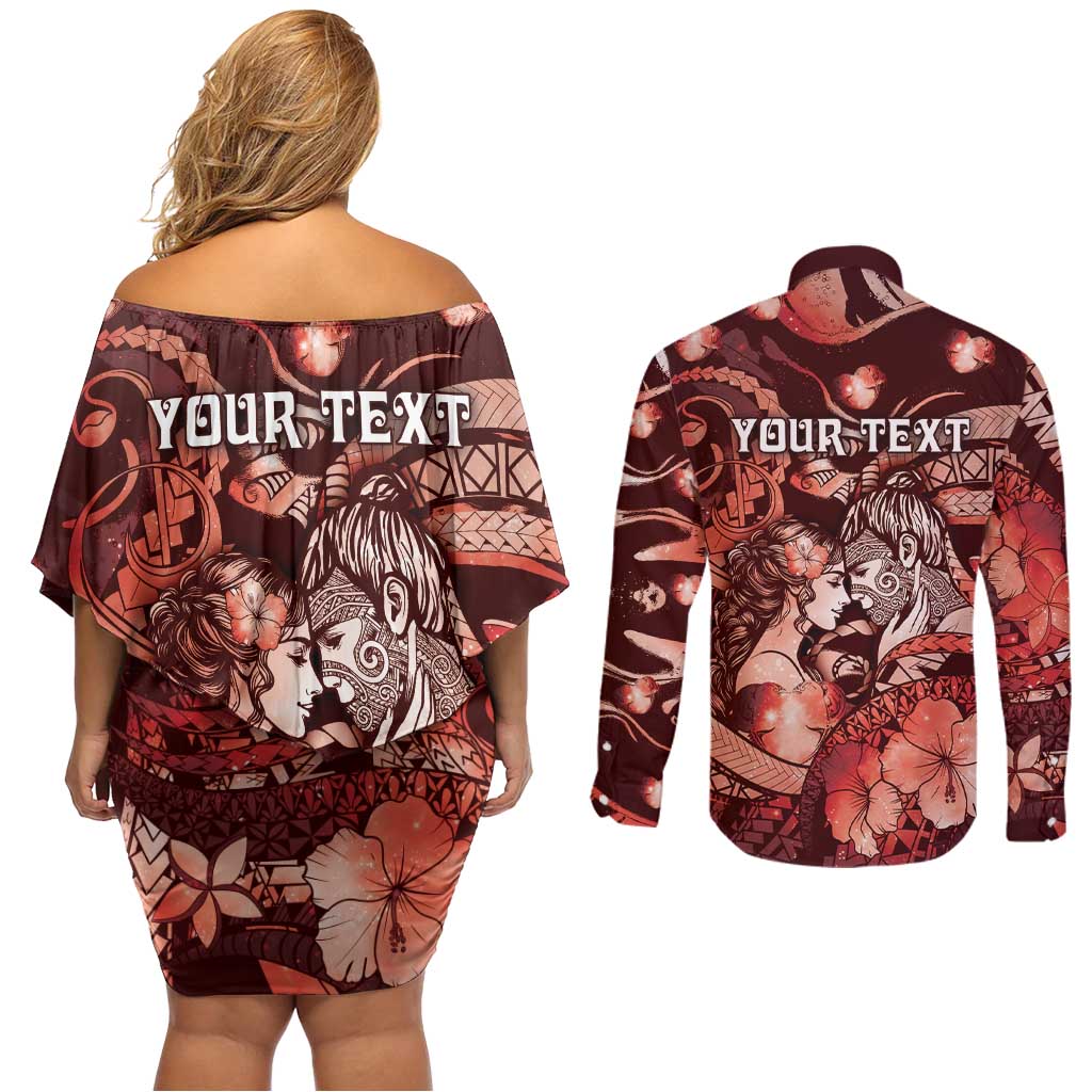 Personalised Maori Romantic Valentine Couples Matching Off Shoulder Short Dress and Long Sleeve Button Shirt The Hongi Kiss Red Galaxy