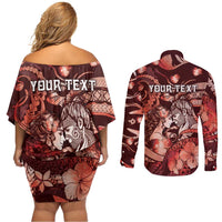 Personalised Maori Romantic Valentine Couples Matching Off Shoulder Short Dress and Long Sleeve Button Shirt The Hongi Kiss Red Galaxy