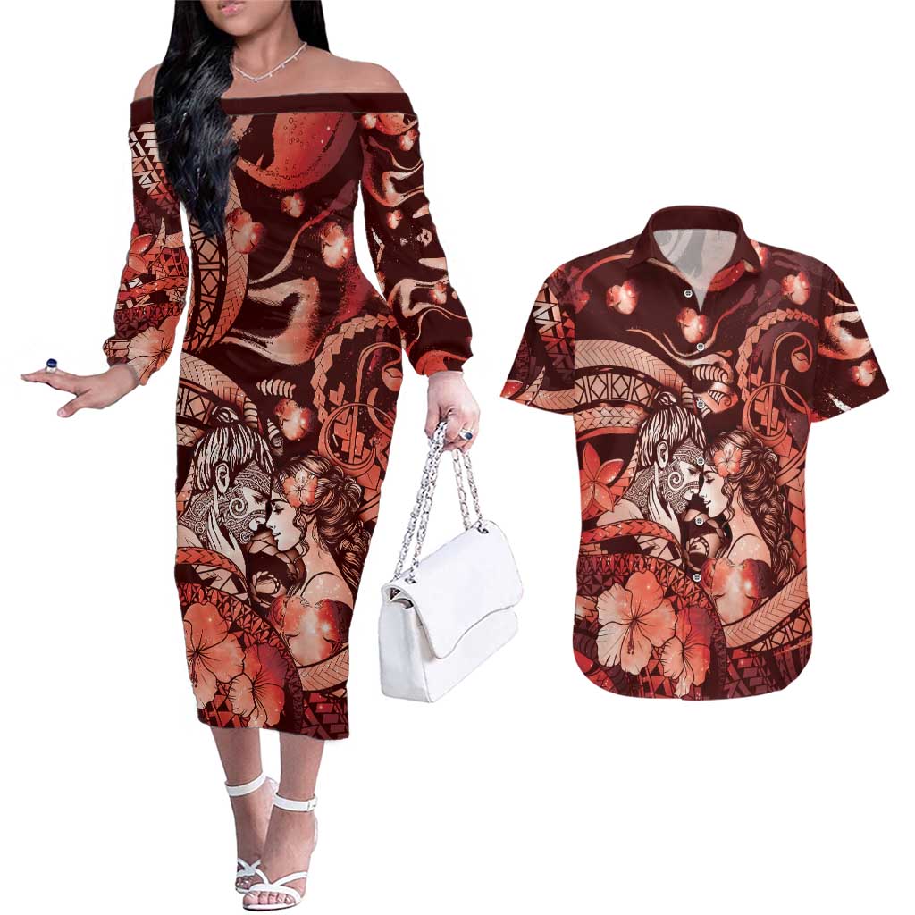 Personalised Maori Romantic Valentine Couples Matching Off The Shoulder Long Sleeve Dress and Hawaiian Shirt The Hongi Kiss Red Galaxy
