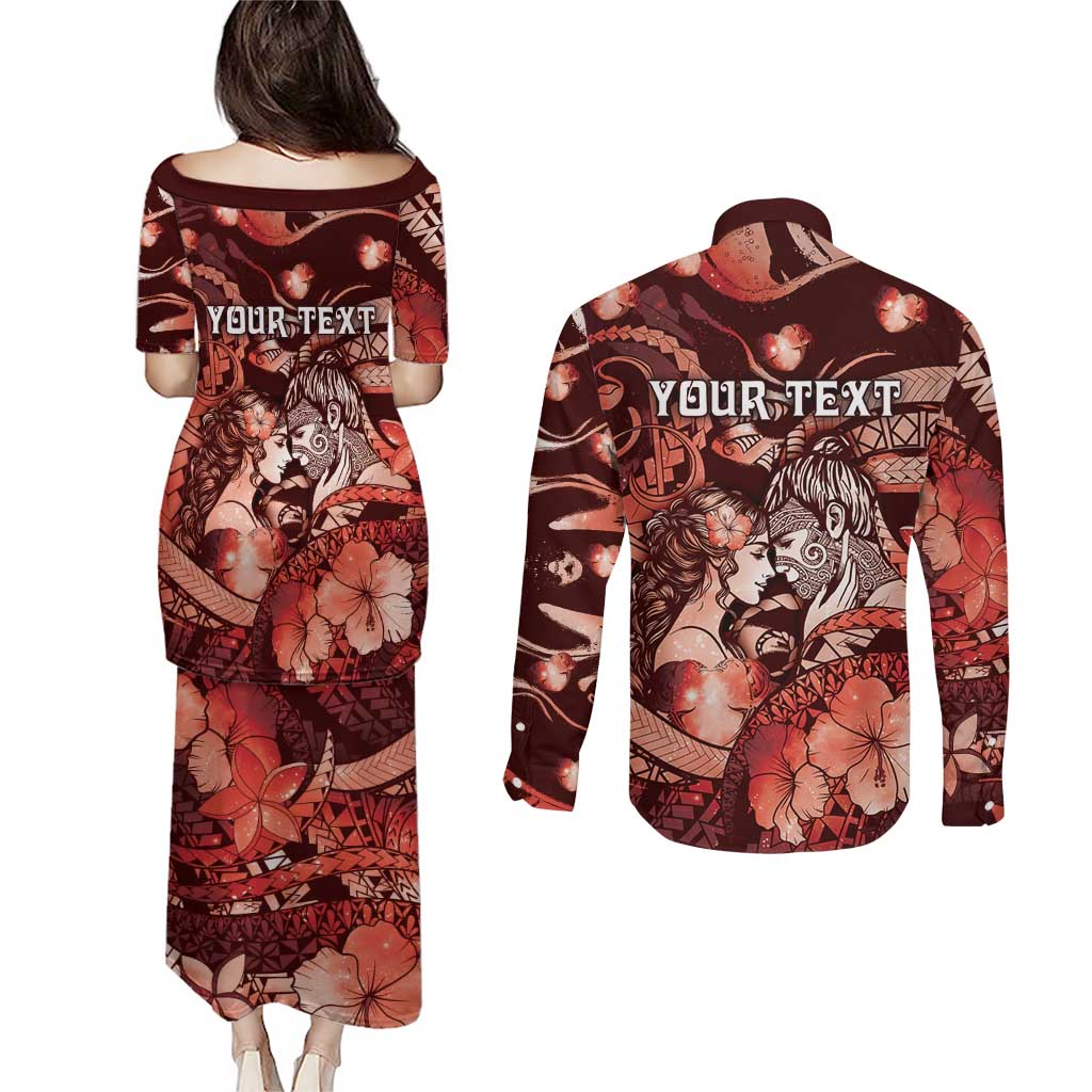 Personalised Maori Romantic Valentine Couples Matching Puletasi and Long Sleeve Button Shirt The Hongi Kiss Red Galaxy