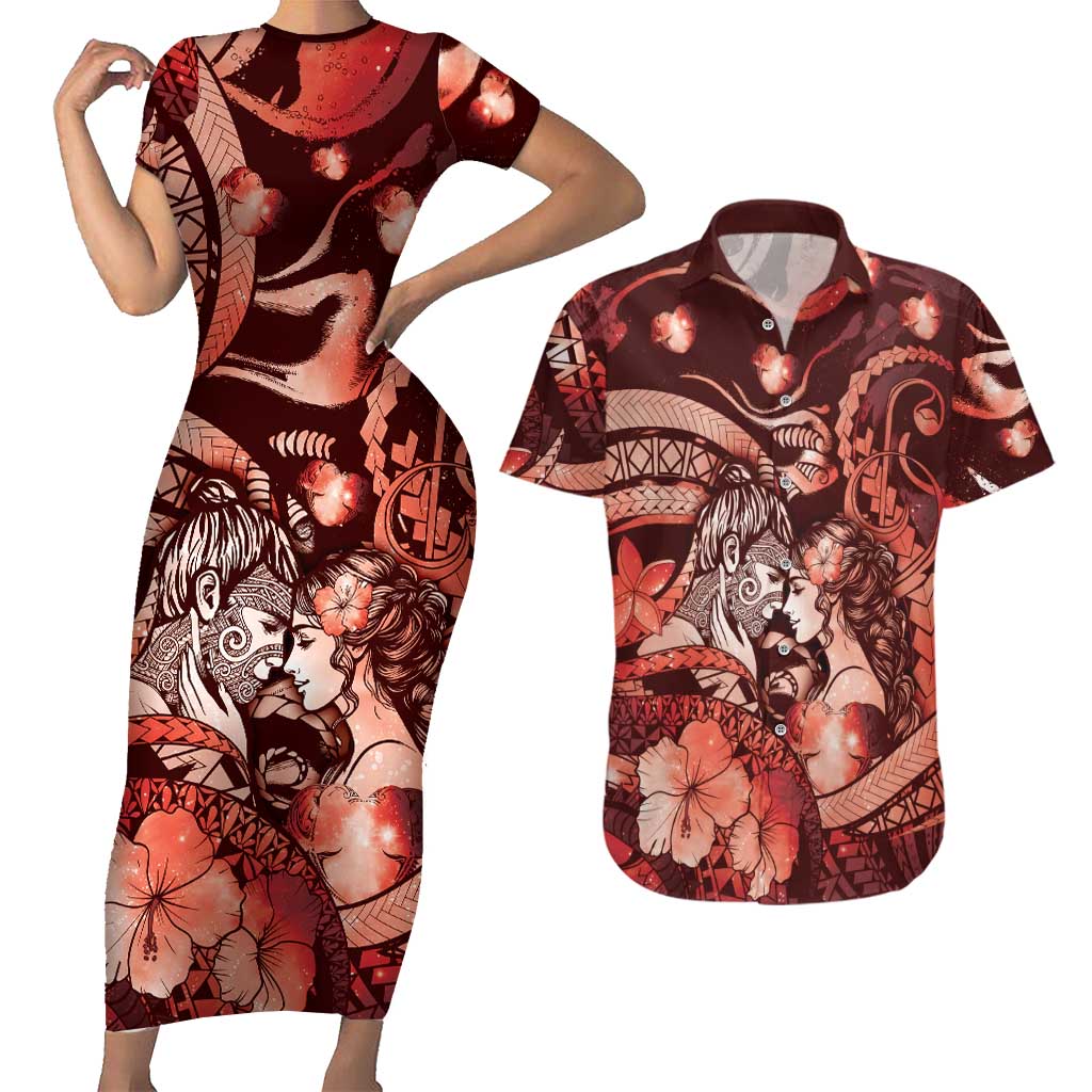 Personalised Maori Romantic Valentine Couples Matching Short Sleeve Bodycon Dress and Hawaiian Shirt The Hongi Kiss Red Galaxy