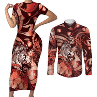 Personalised Maori Romantic Valentine Couples Matching Short Sleeve Bodycon Dress and Long Sleeve Button Shirt The Hongi Kiss Red Galaxy