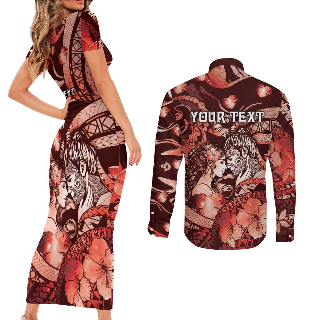 Personalised Maori Romantic Valentine Couples Matching Short Sleeve Bodycon Dress and Long Sleeve Button Shirt The Hongi Kiss Red Galaxy
