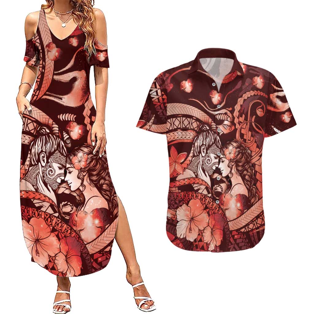 Personalised Maori Romantic Valentine Couples Matching Summer Maxi Dress and Hawaiian Shirt The Hongi Kiss Red Galaxy