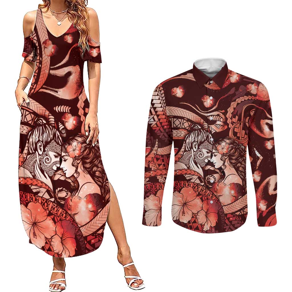 Personalised Maori Romantic Valentine Couples Matching Summer Maxi Dress and Long Sleeve Button Shirt The Hongi Kiss Red Galaxy