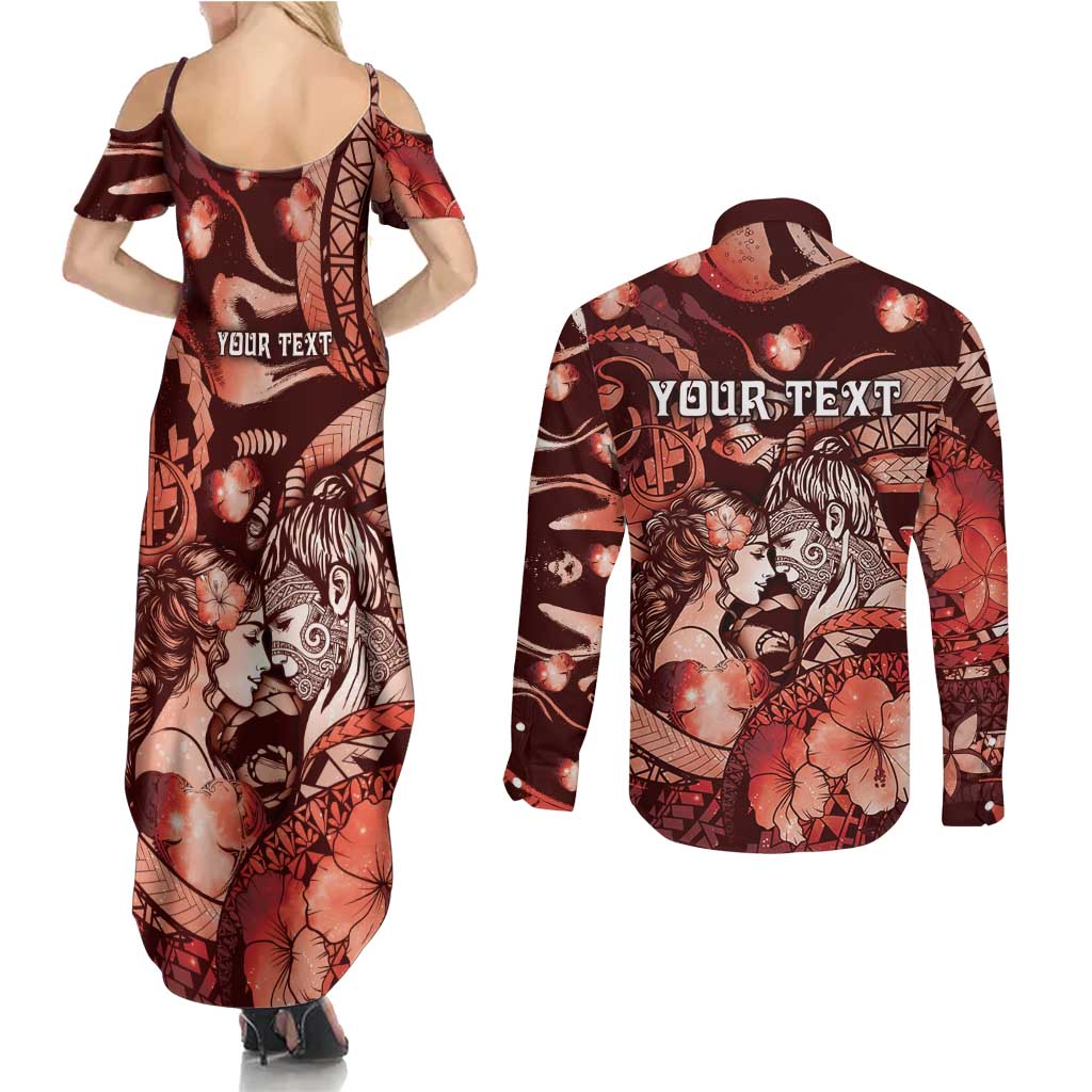 Personalised Maori Romantic Valentine Couples Matching Summer Maxi Dress and Long Sleeve Button Shirt The Hongi Kiss Red Galaxy