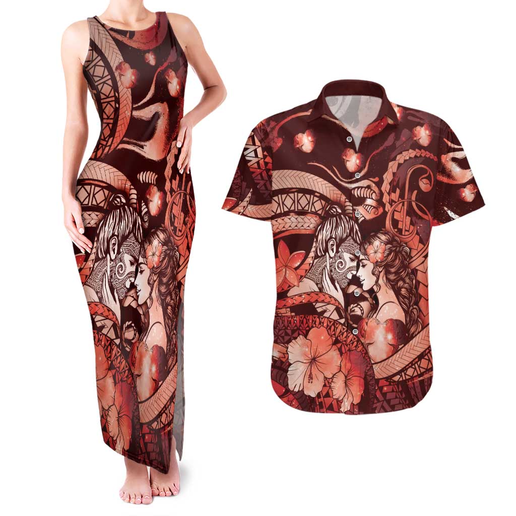 Personalised Maori Romantic Valentine Couples Matching Tank Maxi Dress and Hawaiian Shirt The Hongi Kiss Red Galaxy