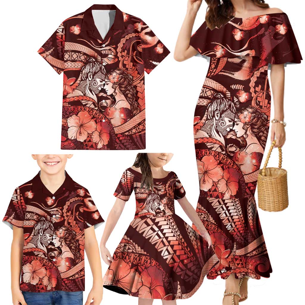 Personalised Maori Romantic Valentine Family Matching Mermaid Dress and Hawaiian Shirt The Hongi Kiss Red Galaxy