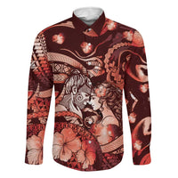 Personalised Maori Romantic Valentine Family Matching Off The Shoulder Long Sleeve Dress and Hawaiian Shirt The Hongi Kiss Red Galaxy DT05 Dad's Shirt - Long Sleeve Red - Polynesian Pride
