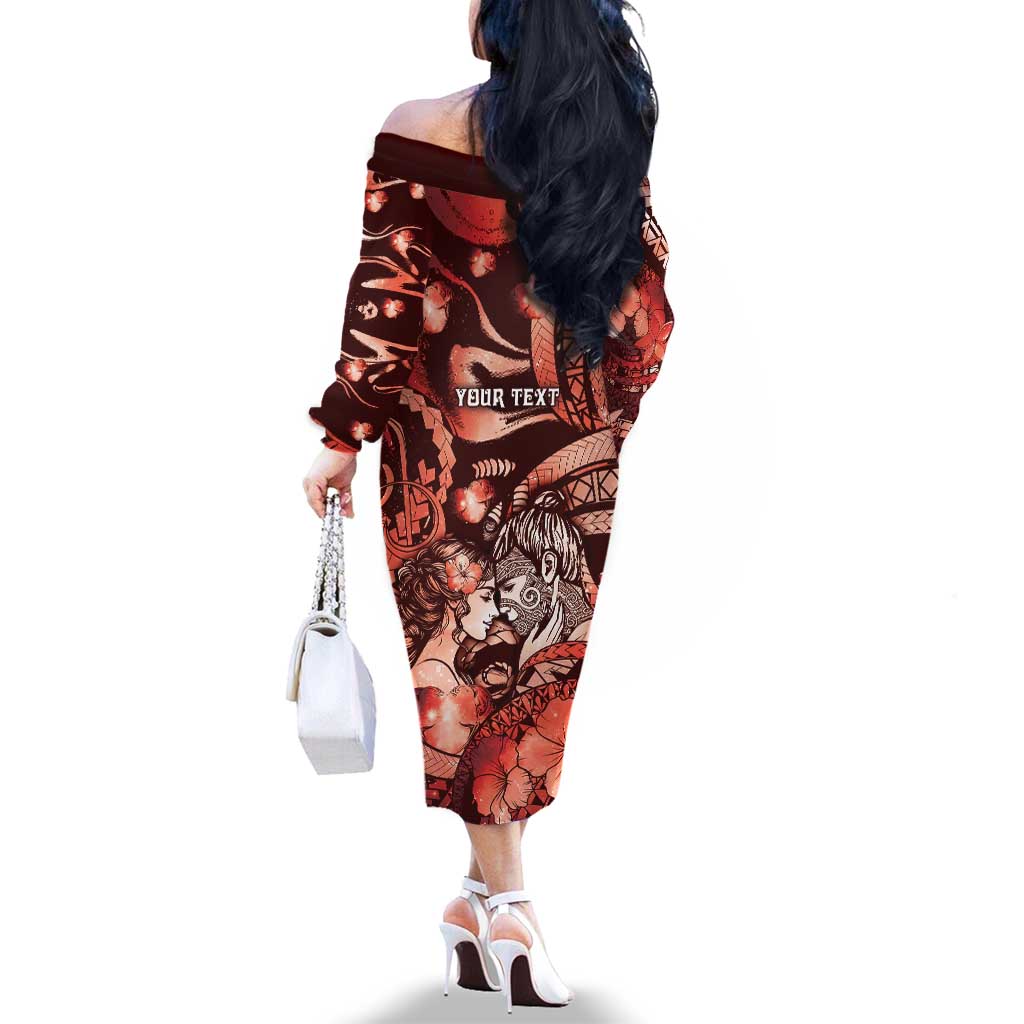 Personalised Maori Romantic Valentine Family Matching Off The Shoulder Long Sleeve Dress and Hawaiian Shirt The Hongi Kiss Red Galaxy DT05 - Polynesian Pride