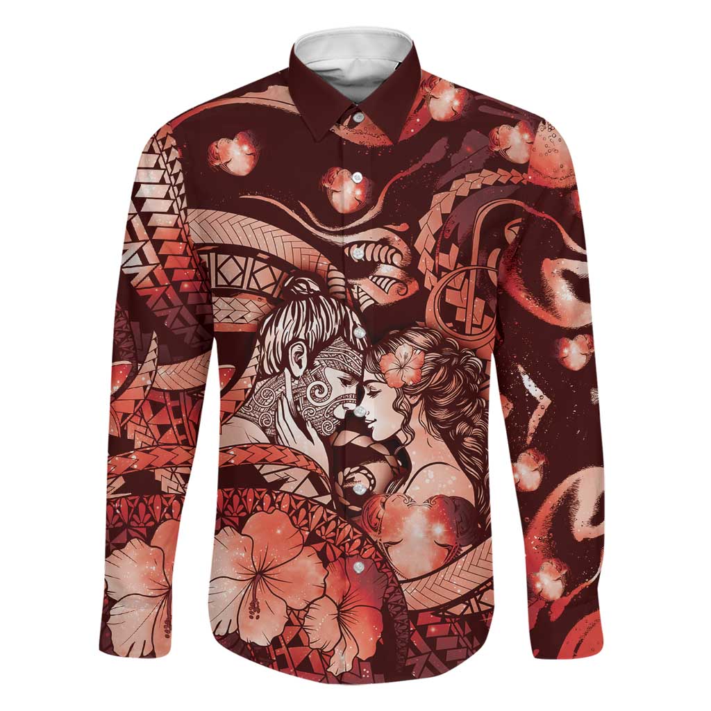 Personalised Maori Romantic Valentine Family Matching Off Shoulder Maxi Dress and Hawaiian Shirt The Hongi Kiss Red Galaxy DT05 Dad's Shirt - Long Sleeve Red - Polynesian Pride