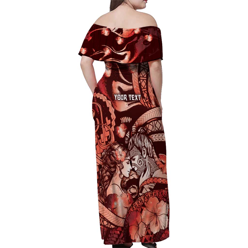 Personalised Maori Romantic Valentine Family Matching Off Shoulder Maxi Dress and Hawaiian Shirt The Hongi Kiss Red Galaxy DT05 - Polynesian Pride