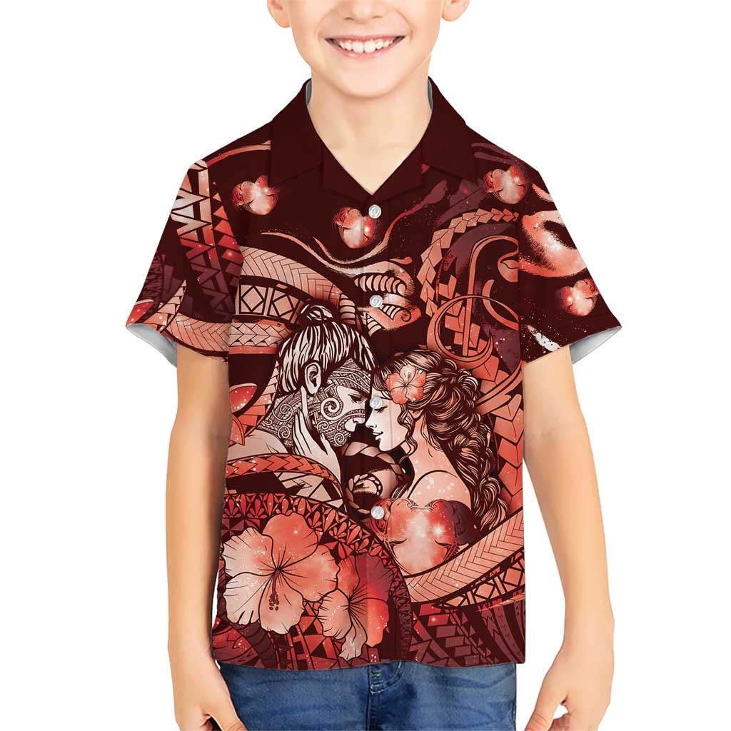Personalised Maori Romantic Valentine Family Matching Off Shoulder Maxi Dress and Hawaiian Shirt The Hongi Kiss Red Galaxy DT05 Son's Shirt Red - Polynesian Pride