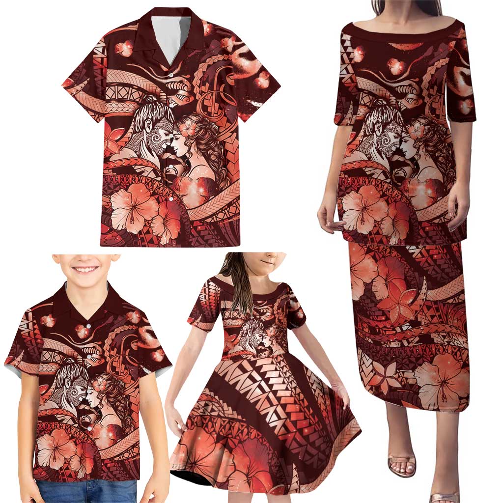 Personalised Maori Romantic Valentine Family Matching Puletasi and Hawaiian Shirt The Hongi Kiss Red Galaxy