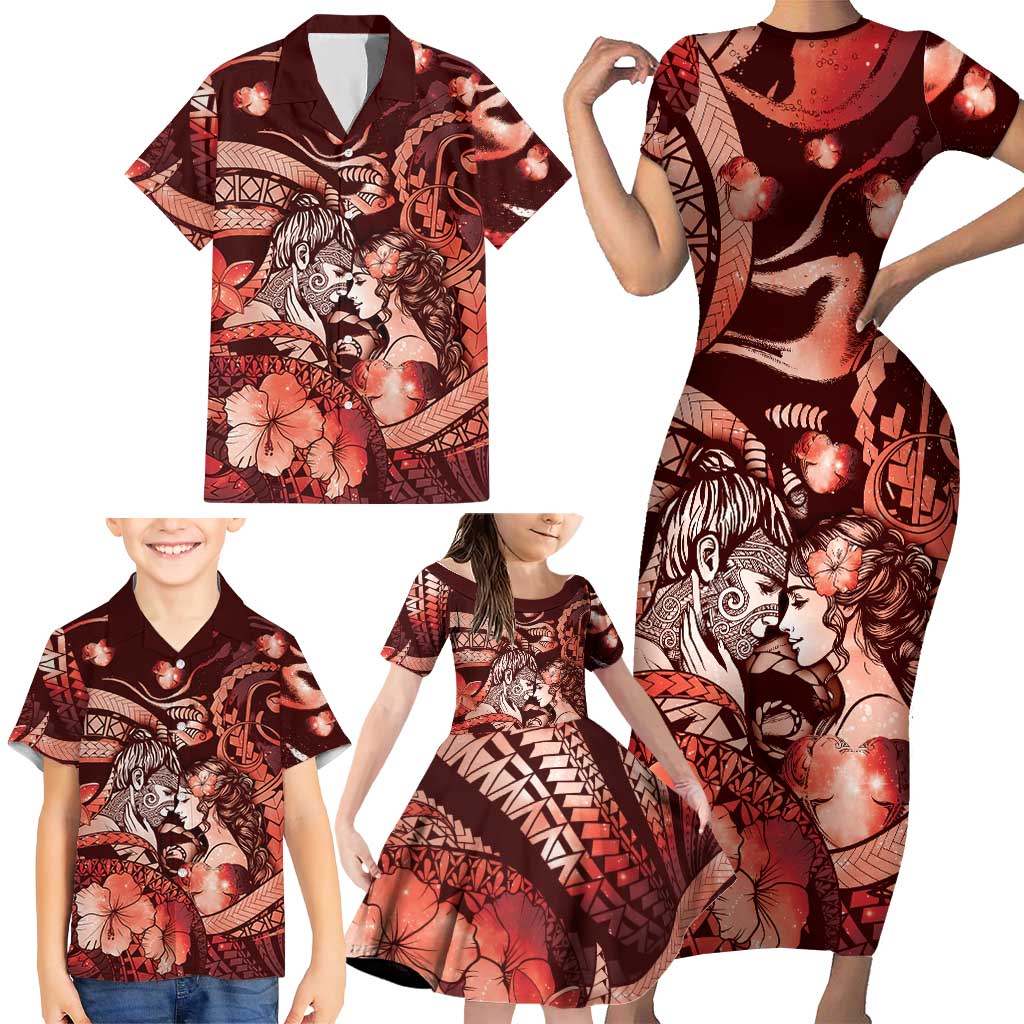 Personalised Maori Romantic Valentine Family Matching Short Sleeve Bodycon Dress and Hawaiian Shirt The Hongi Kiss Red Galaxy