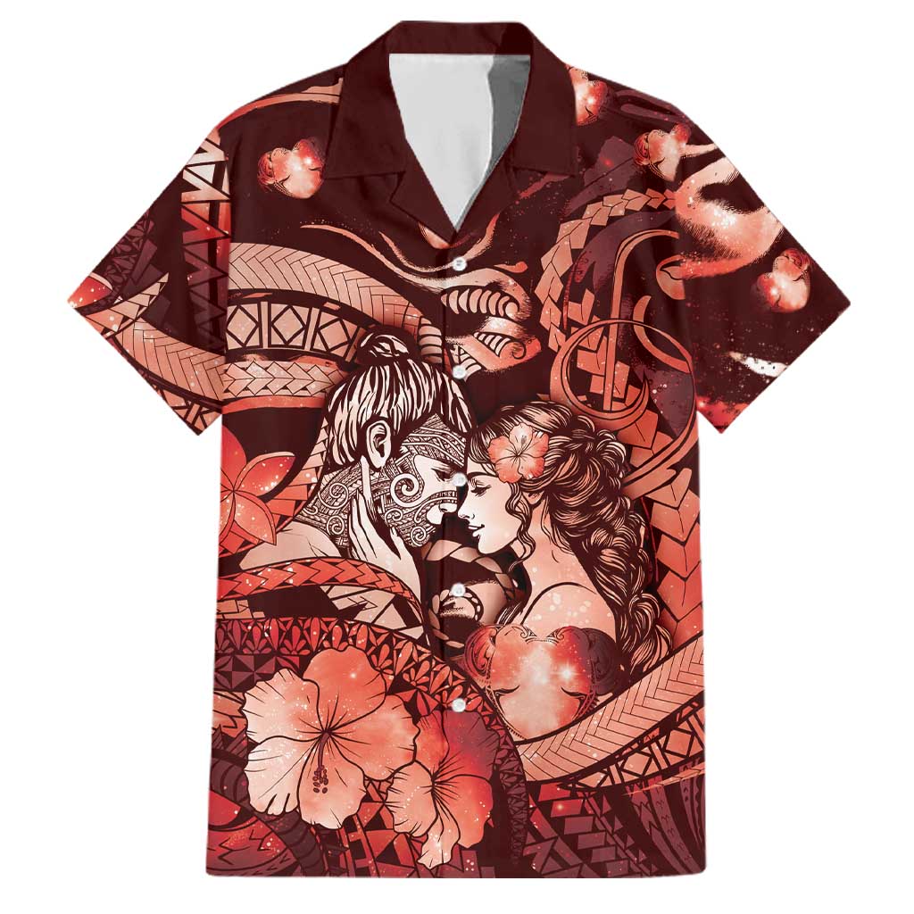 Personalised Maori Romantic Valentine Family Matching Short Sleeve Bodycon Dress and Hawaiian Shirt The Hongi Kiss Red Galaxy DT05 Dad's Shirt - Short Sleeve Red - Polynesian Pride