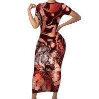 Personalised Maori Romantic Valentine Family Matching Short Sleeve Bodycon Dress and Hawaiian Shirt The Hongi Kiss Red Galaxy DT05 Mom's Dress Red - Polynesian Pride