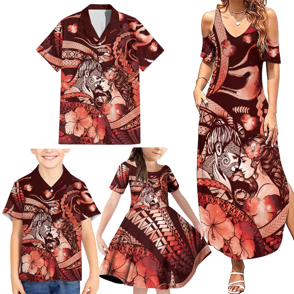 Personalised Maori Romantic Valentine Family Matching Summer Maxi Dress and Hawaiian Shirt The Hongi Kiss Red Galaxy