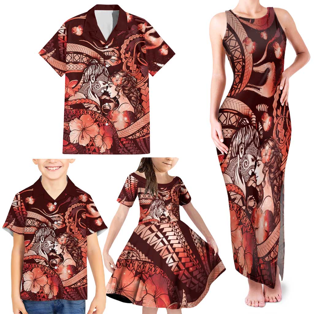 Personalised Maori Romantic Valentine Family Matching Tank Maxi Dress and Hawaiian Shirt The Hongi Kiss Red Galaxy