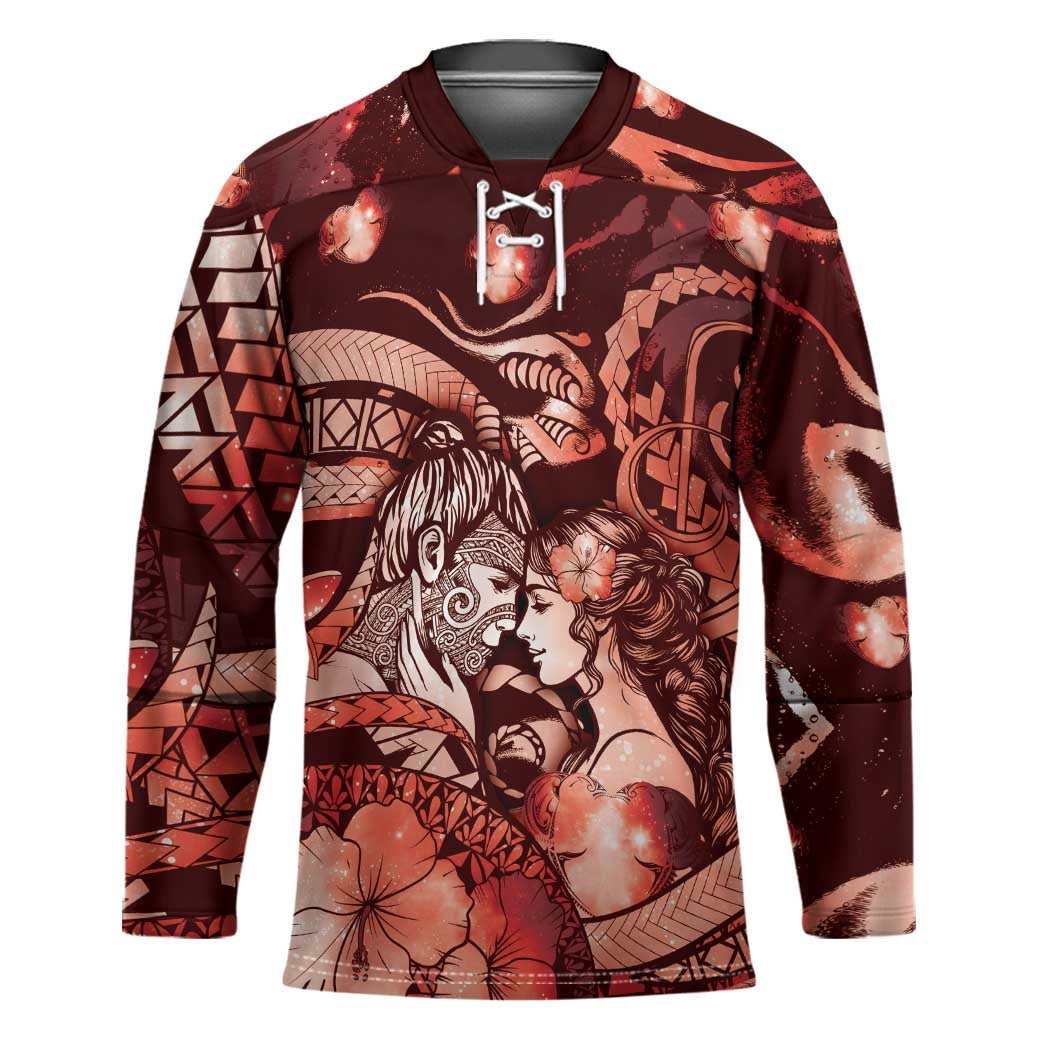 Personalised Maori Romantic Valentine Hockey Jersey The Hongi Kiss Red Galaxy DT05 Unisex Red - Polynesian Pride