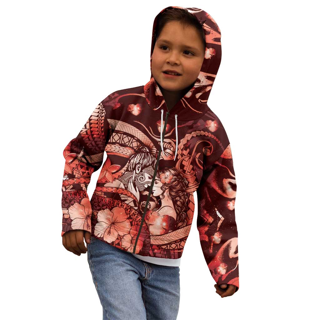Personalised Maori Romantic Valentine Kid Hoodie The Hongi Kiss Red Galaxy