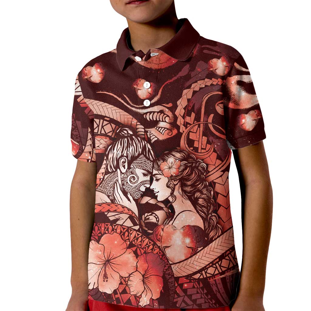 Personalised Maori Romantic Valentine Kid Polo Shirt The Hongi Kiss Red Galaxy