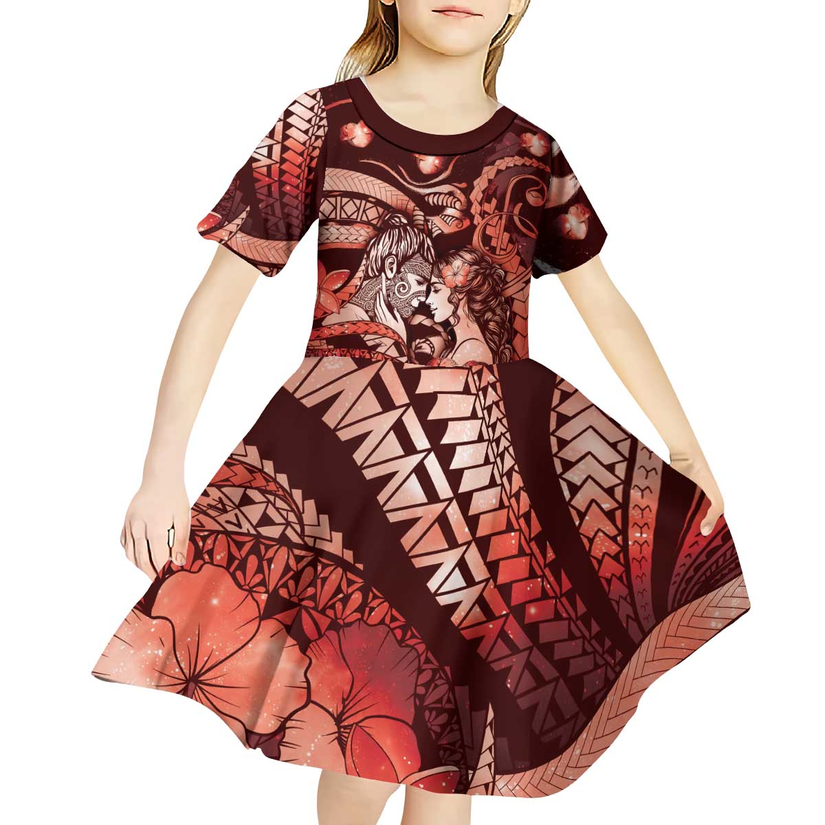Personalised Maori Romantic Valentine Kid Short Sleeve Dress The Hongi Kiss Red Galaxy