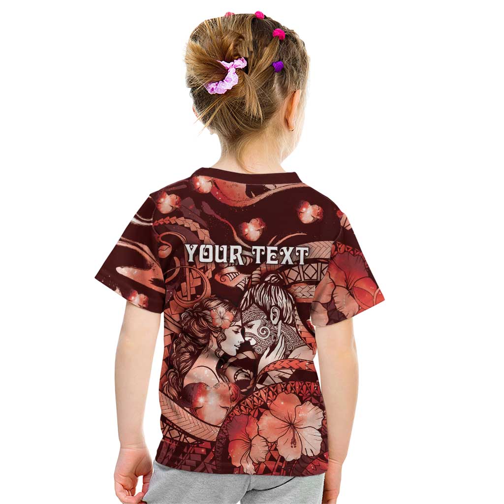 Personalised Maori Romantic Valentine Kid T Shirt The Hongi Kiss Red Galaxy