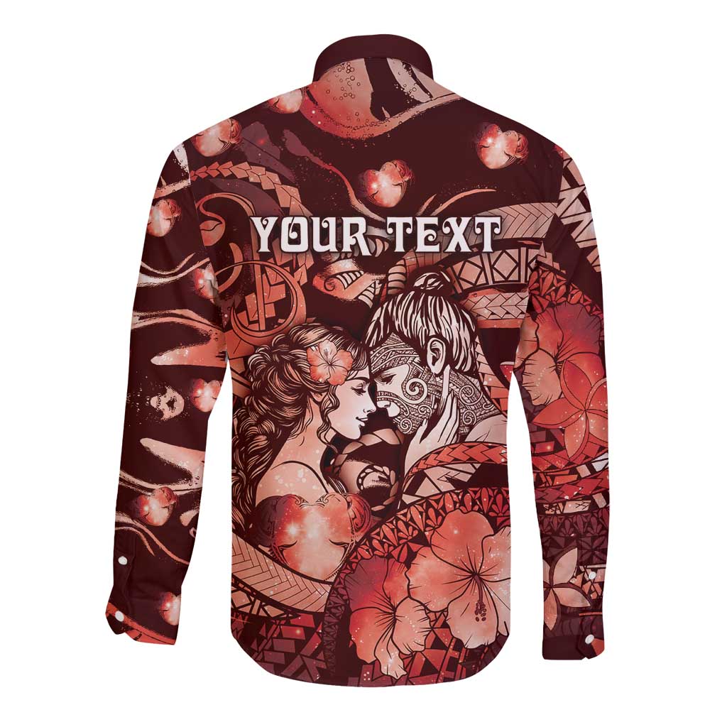 Personalised Maori Romantic Valentine Long Sleeve Button Shirt The Hongi Kiss Red Galaxy