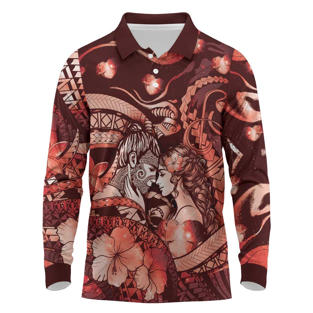 Personalised Maori Romantic Valentine Long Sleeve Polo Shirt The Hongi Kiss Red Galaxy