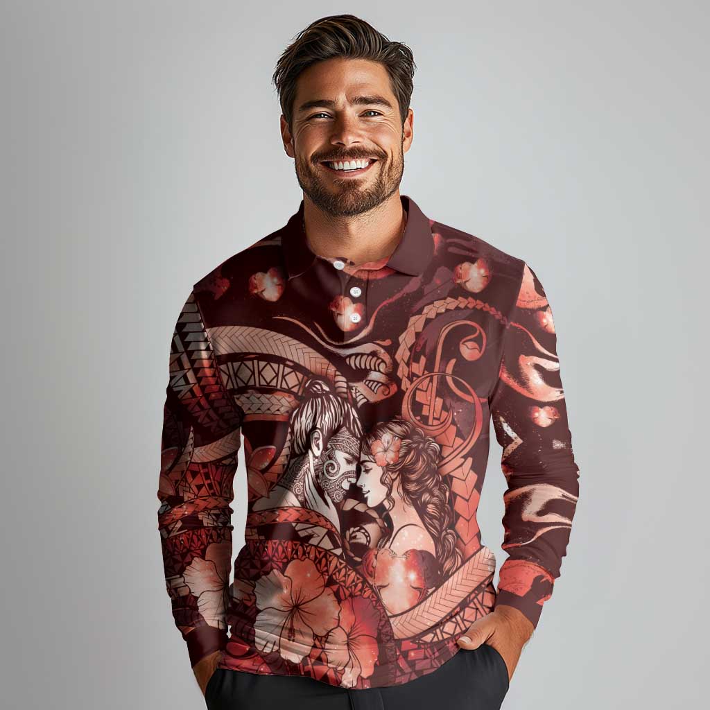 Personalised Maori Romantic Valentine Long Sleeve Polo Shirt The Hongi Kiss Red Galaxy