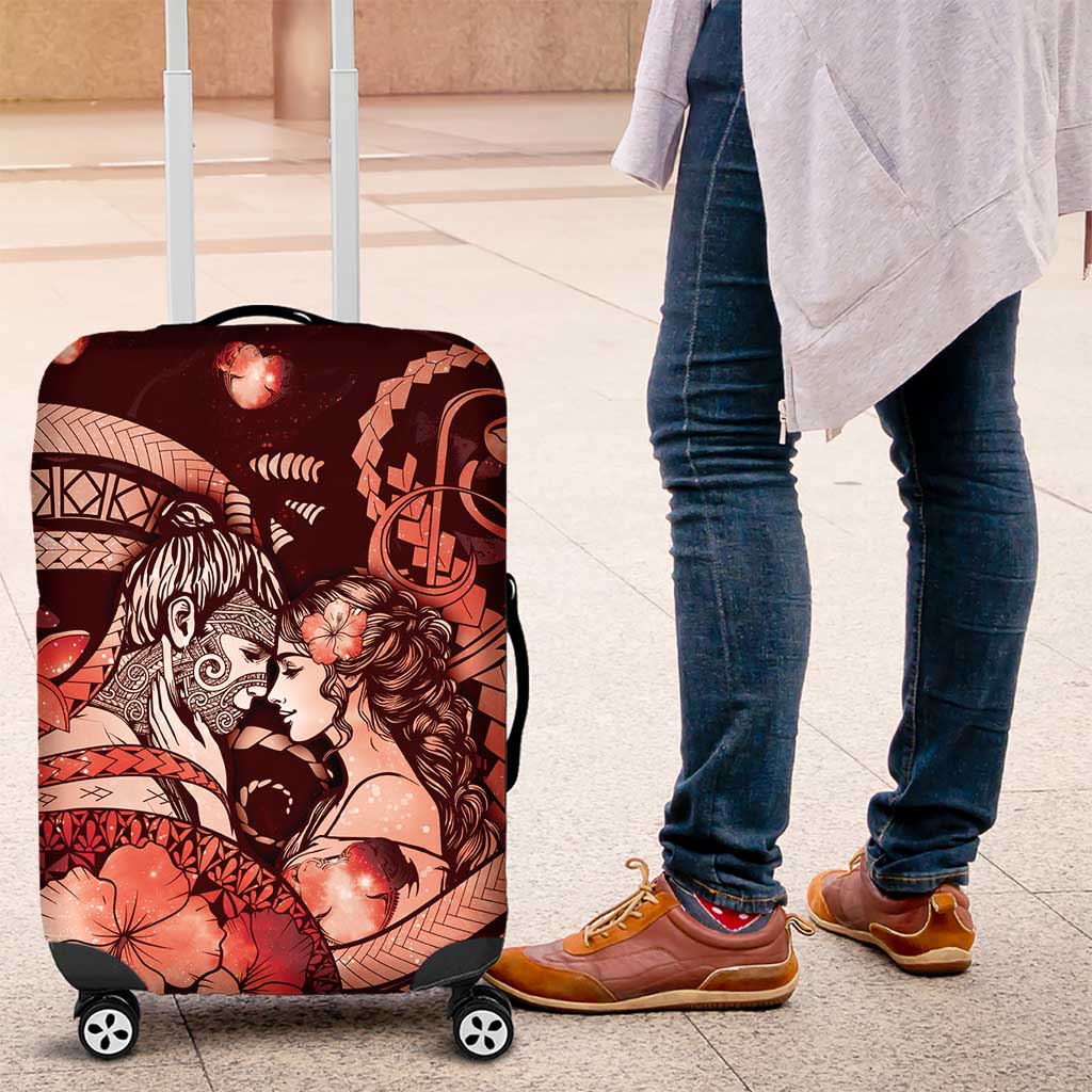 Maori Romantic Valentine Luggage Cover The Hongi Kiss Red Galaxy