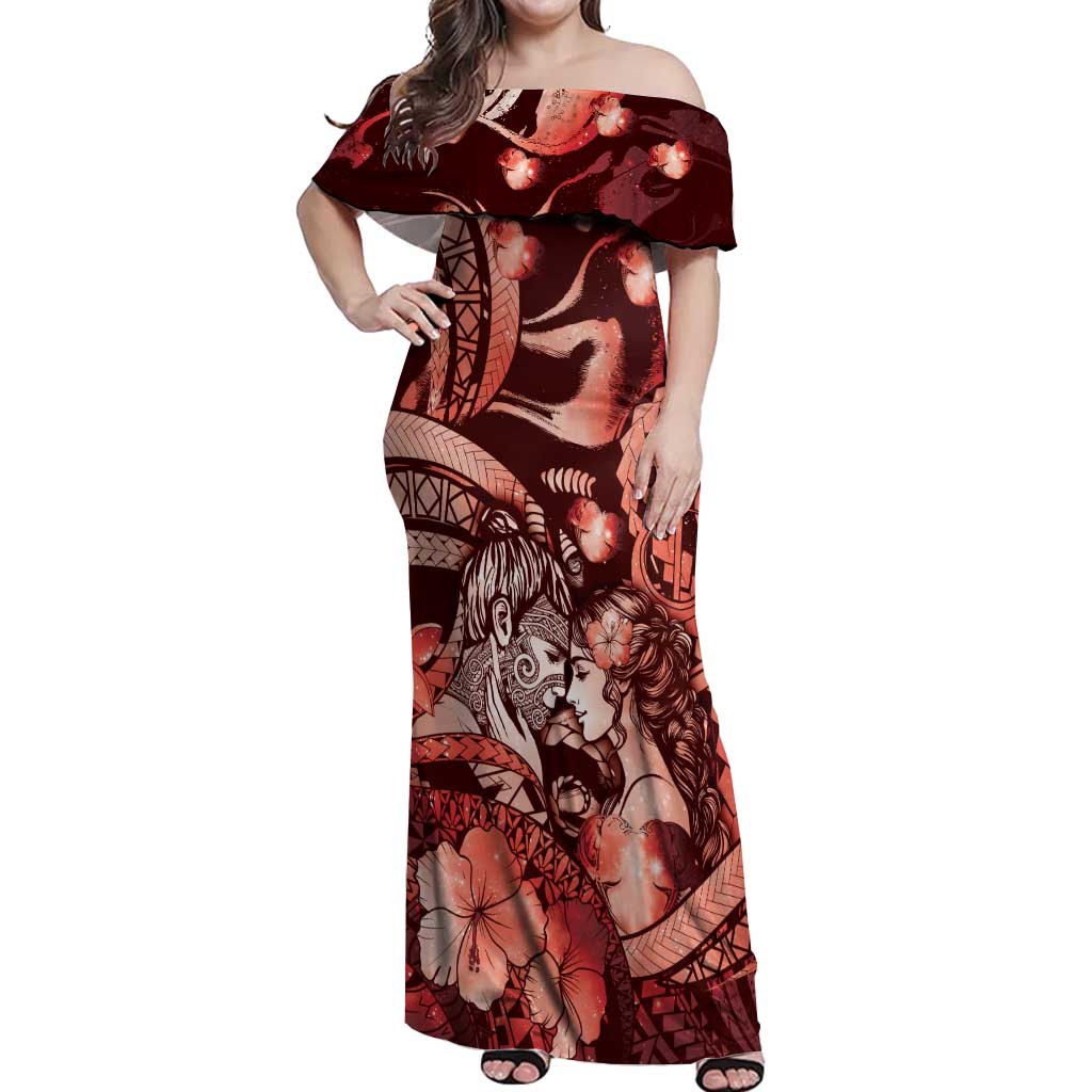Personalised Maori Romantic Valentine Off Shoulder Maxi Dress The Hongi Kiss Red Galaxy