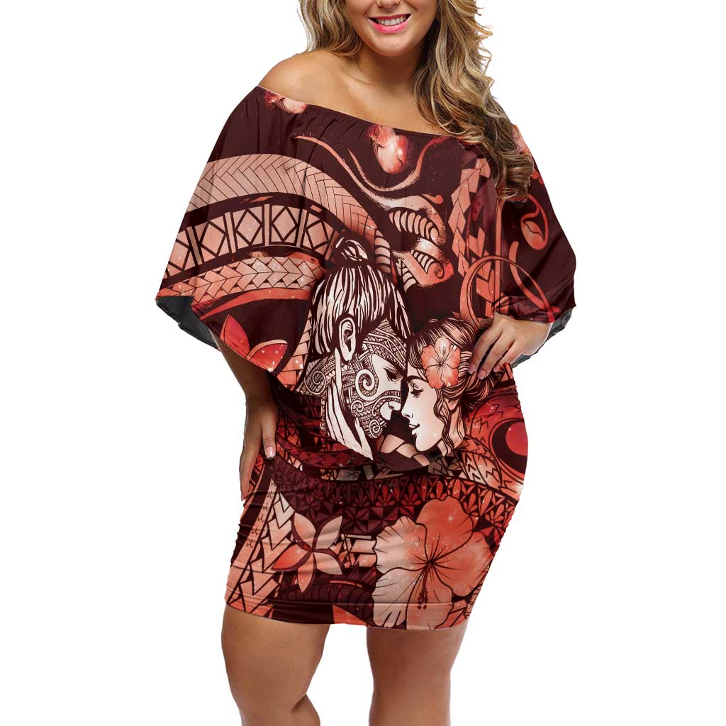 Personalised Maori Romantic Valentine Off Shoulder Short Dress The Hongi Kiss Red Galaxy