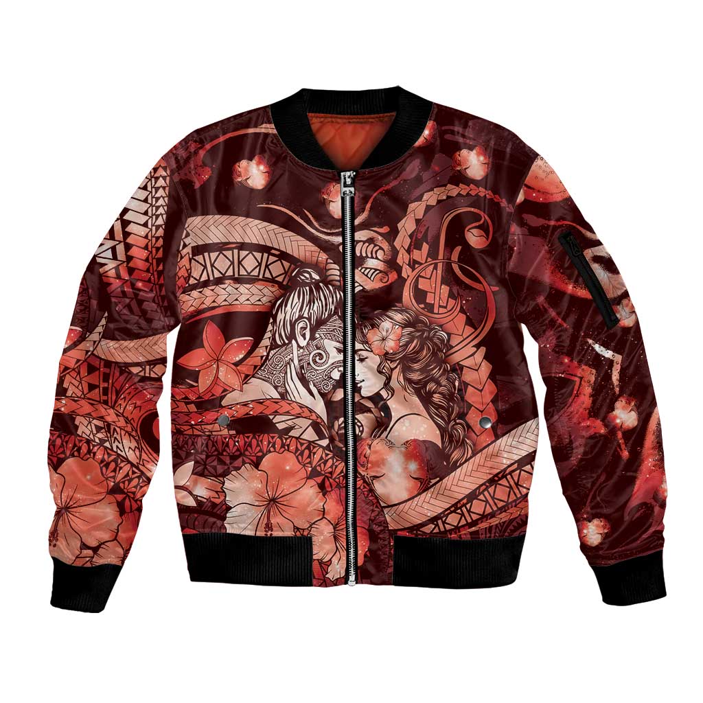 Personalised Maori Romantic Valentine Sleeve Zip Bomber Jacket The Hongi Kiss Red Galaxy