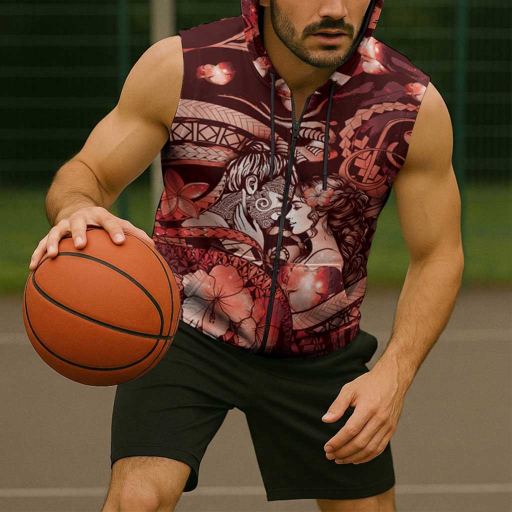 Personalised Maori Romantic Valentine Sleeveless Zip Hoodie The Hongi Kiss Red Galaxy DT05 - Polynesian Pride