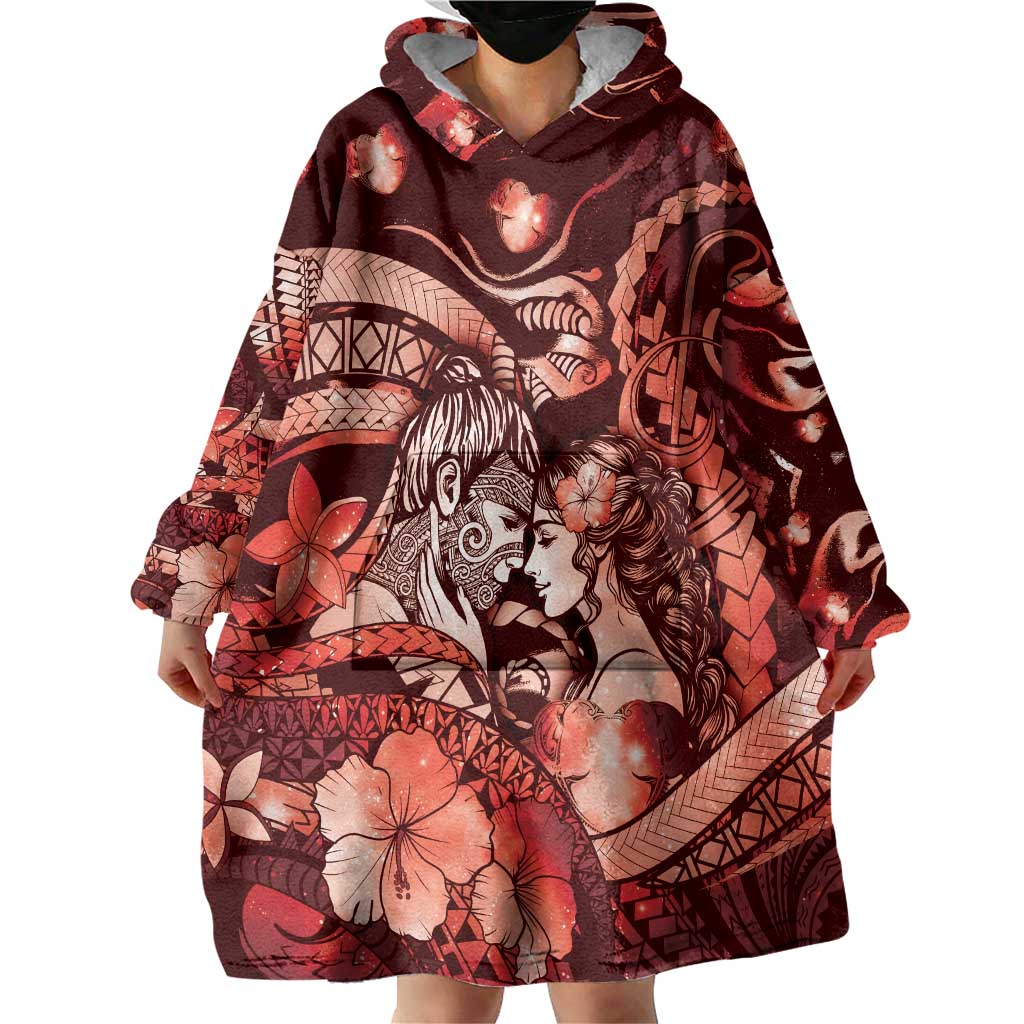 Personalised Maori Romantic Valentine Wearable Blanket Hoodie The Hongi Kiss Red Galaxy