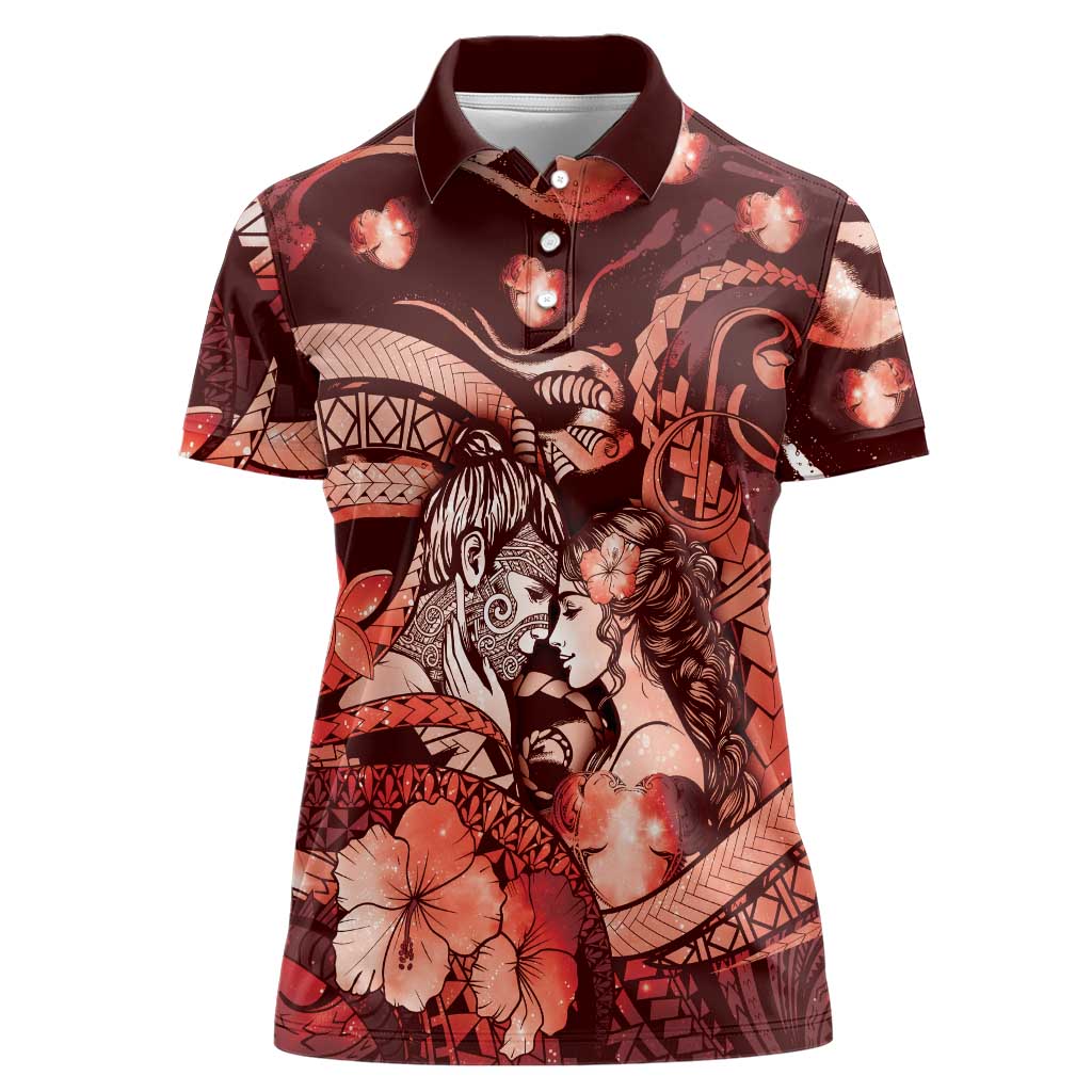 Personalised Maori Romantic Valentine Women Polo Shirt The Hongi Kiss Red Galaxy