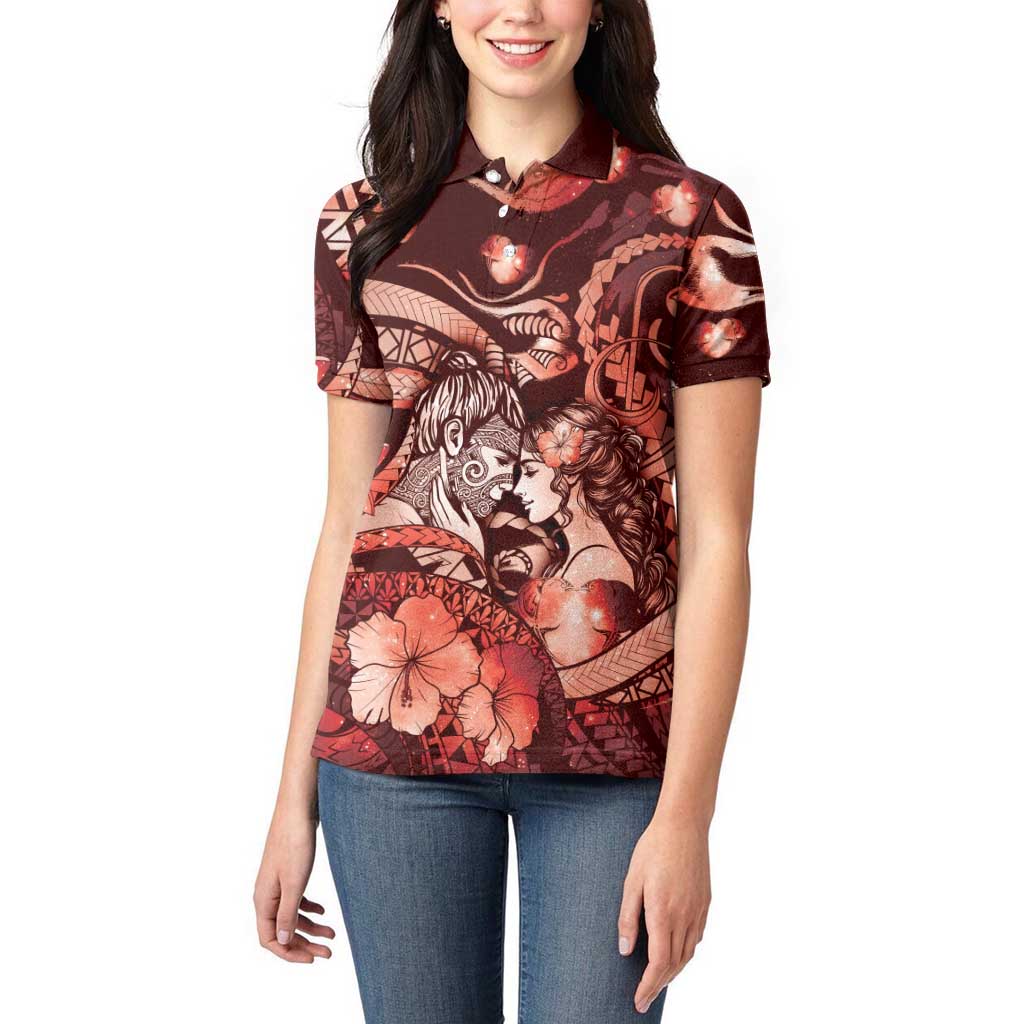 Personalised Maori Romantic Valentine Women Polo Shirt The Hongi Kiss Red Galaxy