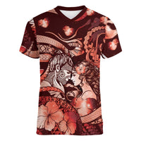 Personalised Maori Romantic Valentine Women V-Neck T-Shirt The Hongi Kiss Red Galaxy