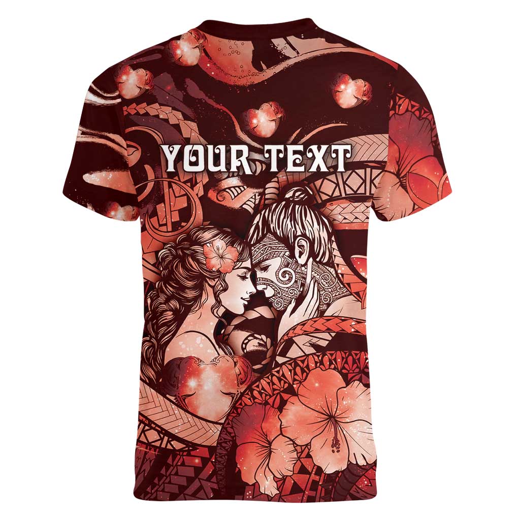 Personalised Maori Romantic Valentine Women V-Neck T-Shirt The Hongi Kiss Red Galaxy