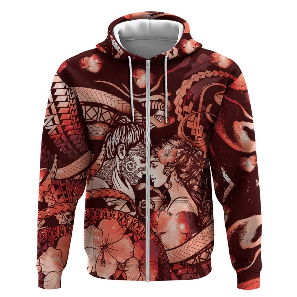 Personalised Maori Romantic Valentine Zip Hoodie The Hongi Kiss Red Galaxy