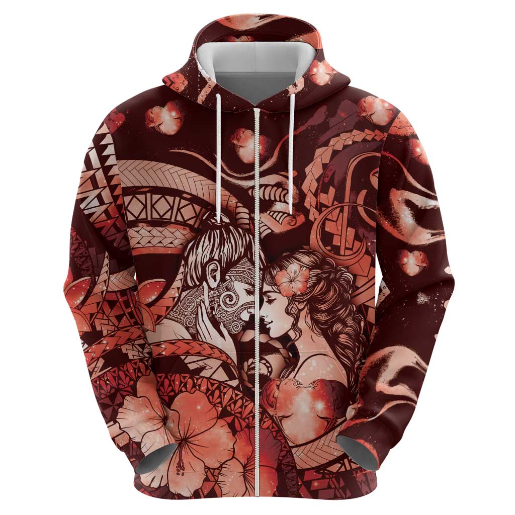 Personalised Maori Romantic Valentine Zip Hoodie The Hongi Kiss Red Galaxy
