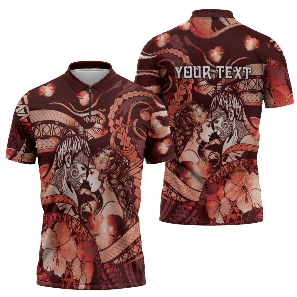 Personalised Maori Romantic Valentine Zipper Polo Shirt The Hongi Kiss Red Galaxy