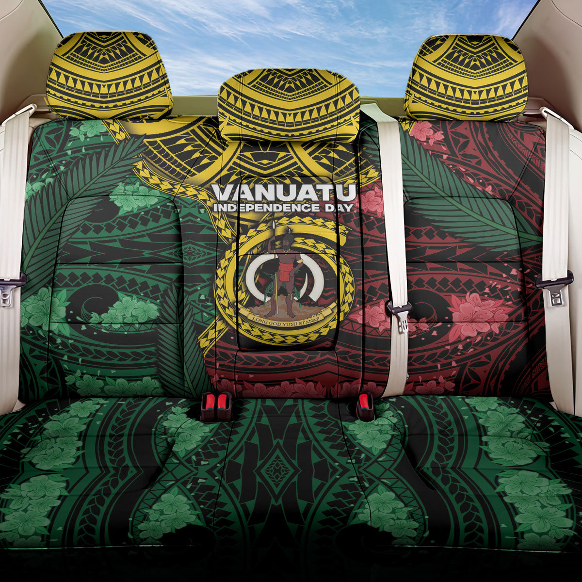 Vanuatu Independence Day Back Car Seat Cover Boar Tusk Warrior Tribal Floral Patterns