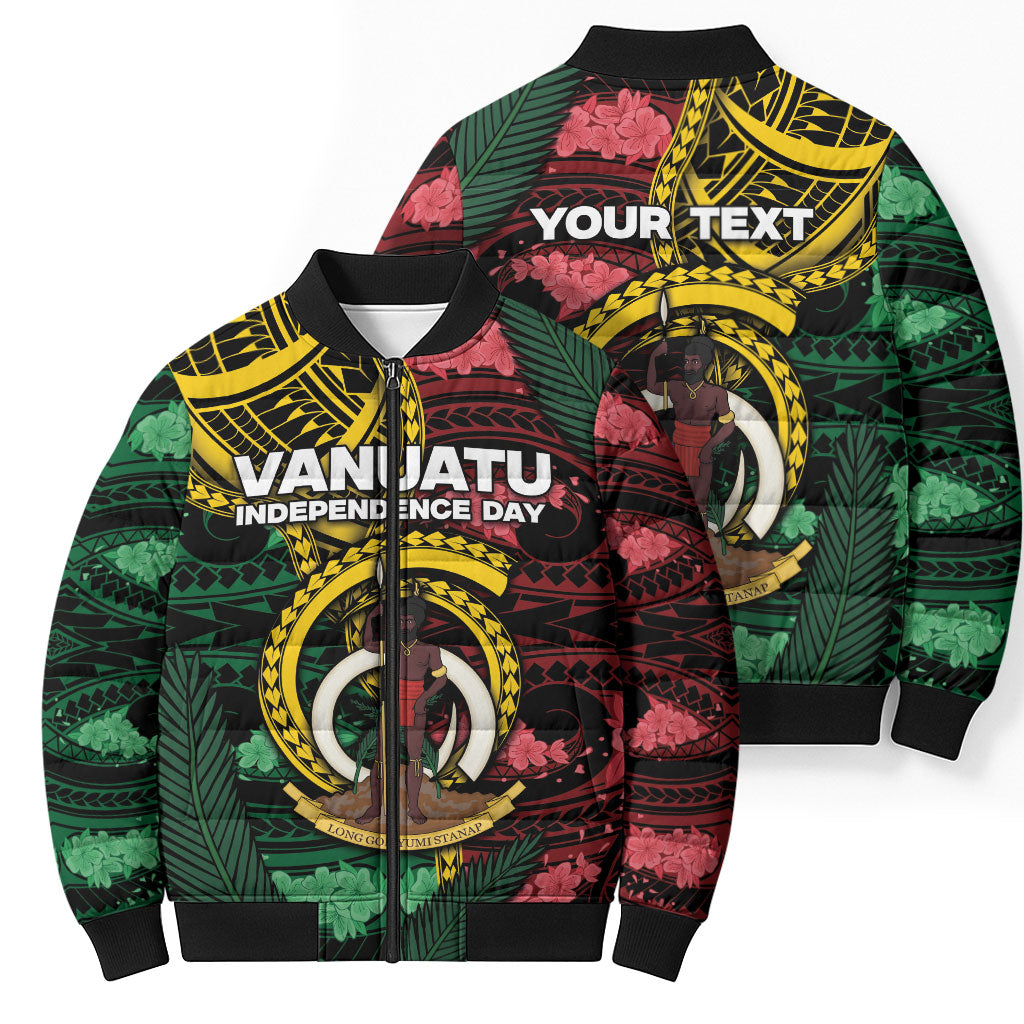 Personalised Vanuatu Independence Day Bomber Puffer Jacket Boar Tusk Warrior Tribal Floral Patterns