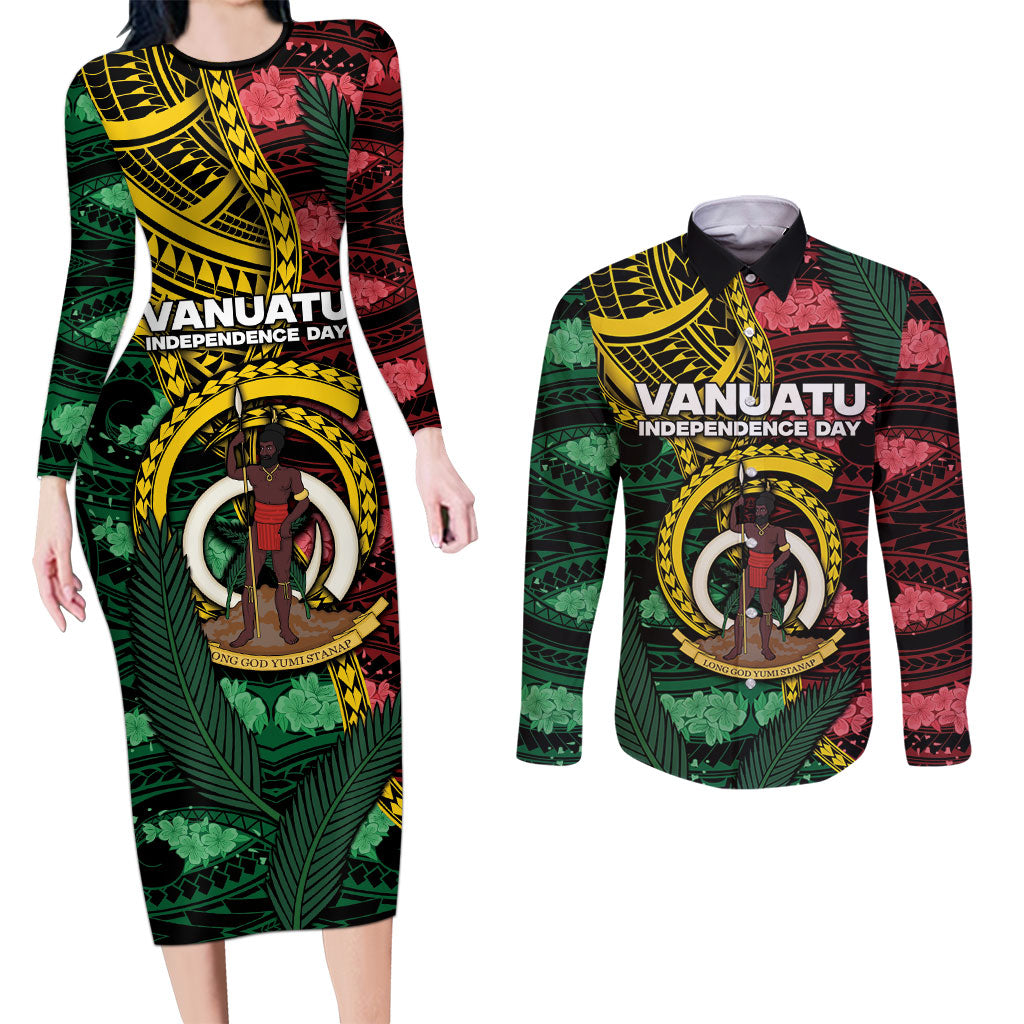 Personalised Vanuatu Independence Day Couples Matching Long Sleeve Bodycon Dress and Long Sleeve Button Shirt Boar Tusk Warrior Tribal Floral Patterns