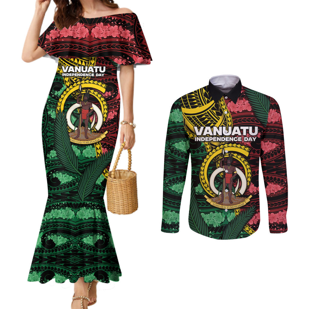 Personalised Vanuatu Independence Day Couples Matching Mermaid Dress and Long Sleeve Button Shirt Boar Tusk Warrior Tribal Floral Patterns