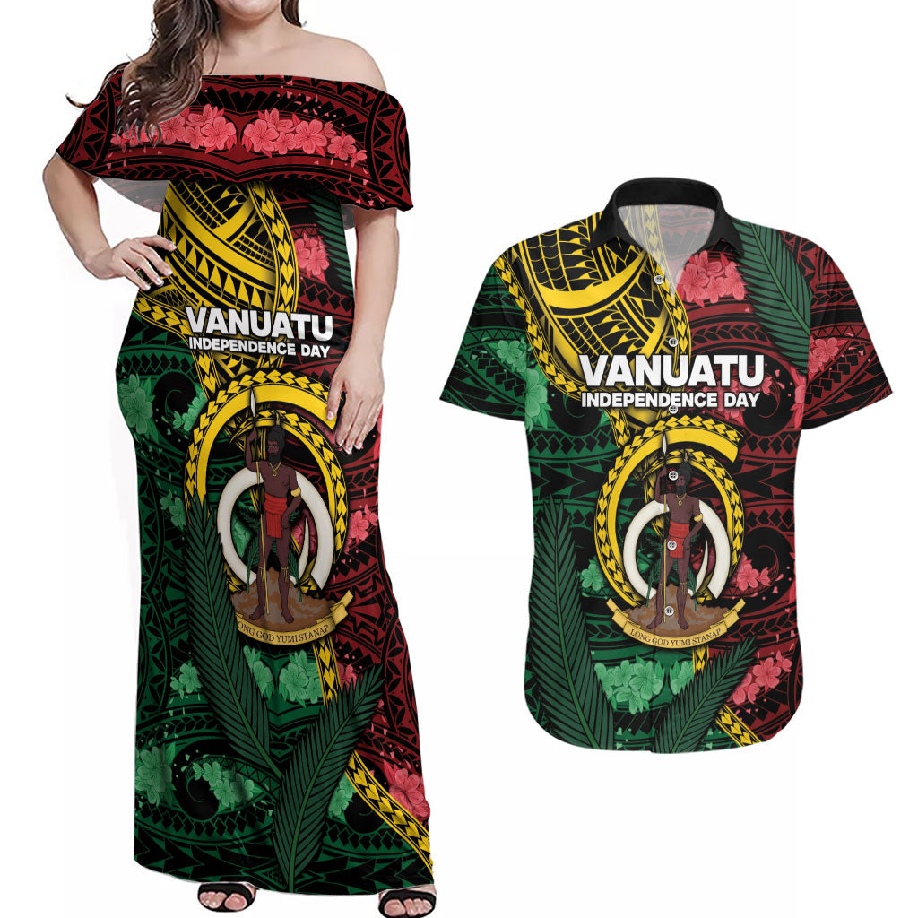 Personalised Vanuatu Independence Day Couples Matching Off Shoulder Maxi Dress and Hawaiian Shirt Boar Tusk Warrior Tribal Floral Patterns